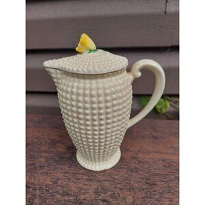 Vintage Maruhon Hobnail White Pitcher w/ Lid Yellow Finial Flower Japan Chenille
